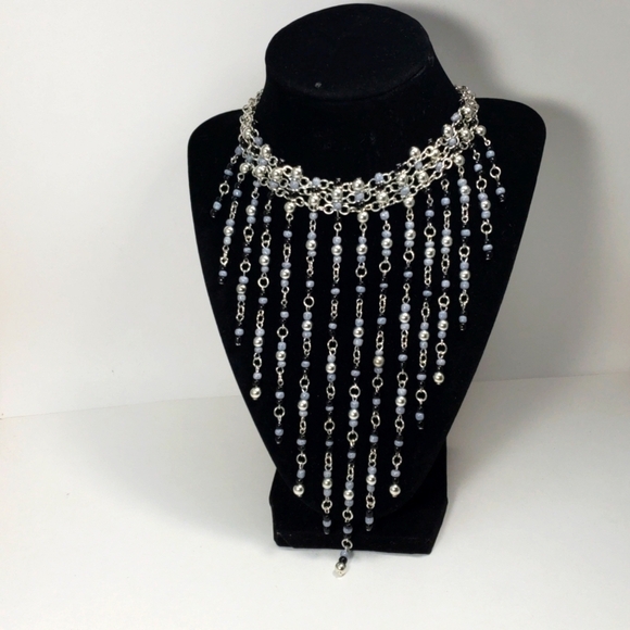 Women's Stylish Layered Silver-tone Black & Gray Beads Fringed Cascade Necklace - Picture 3 of 10